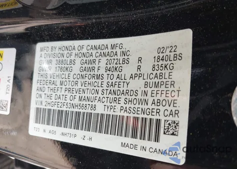 2022 Honda Civic Sport z USA, uszkodzony, nr VIN 2HGFE2F53NH568788